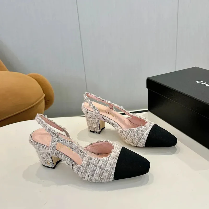 CHANEL SLINGBACK TWEED PINK/WHITE WITH BLACK CAP TOE