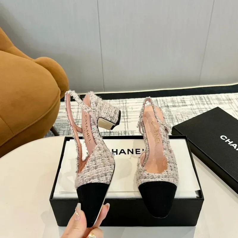 CHANEL SLINGBACK TWEED PINK/WHITE WITH BLACK CAP TOE