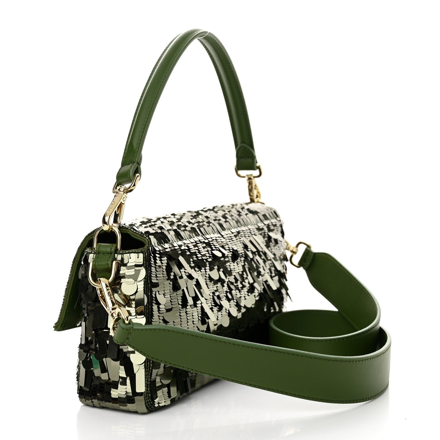 FENDI BAGUETTE BAG IN GREEN SEQUINS AND LEATHER