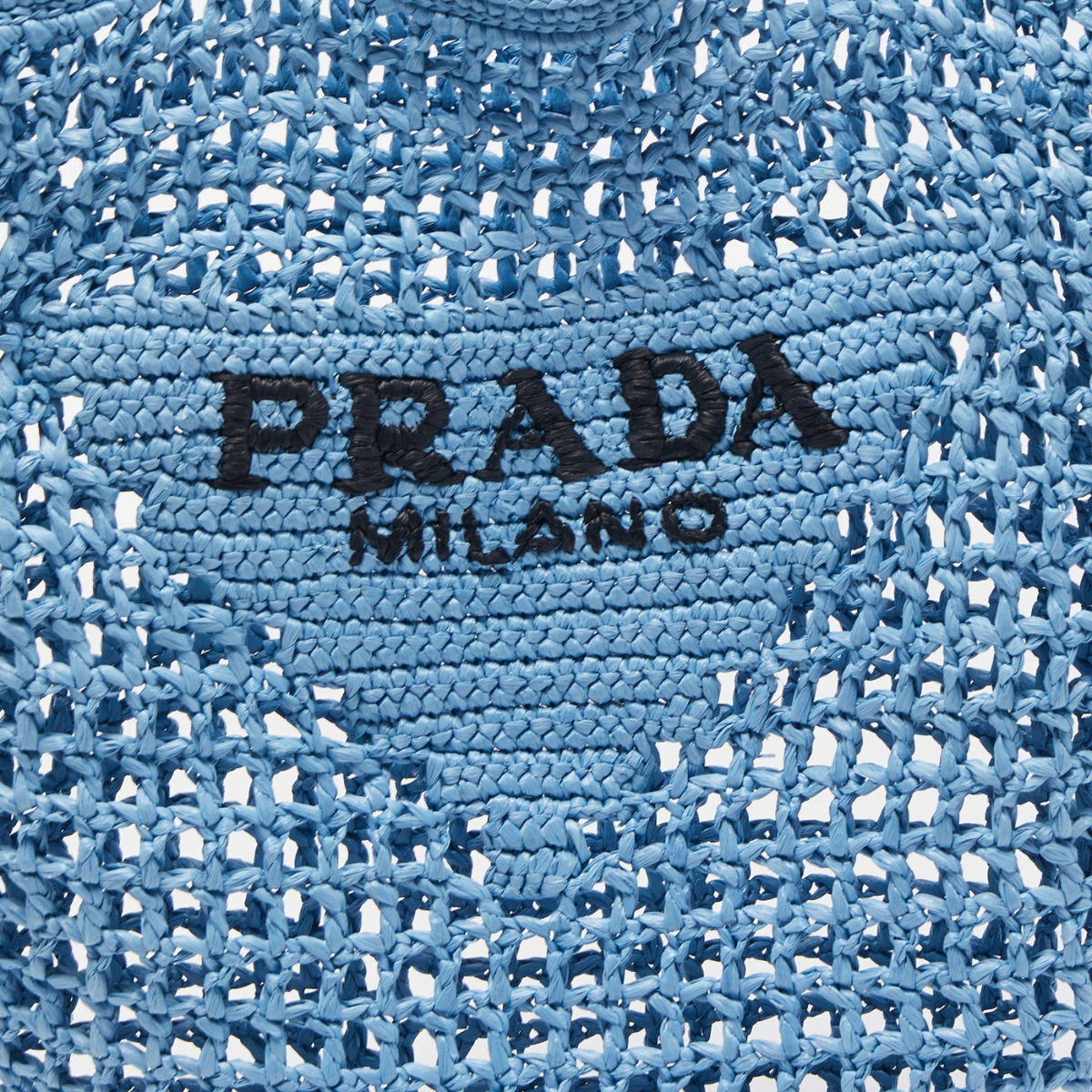 PRADA SHOPPER BAG IN RAFFIA WITH WOVEN LOGO – BLUE