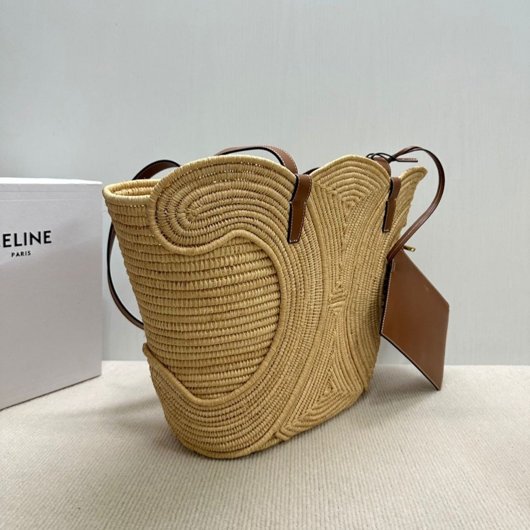 CELINE CLASSIC SMALL BASKET WITH WOVEN TRIOMPHE IN RAFFIA AND CALFSKIN